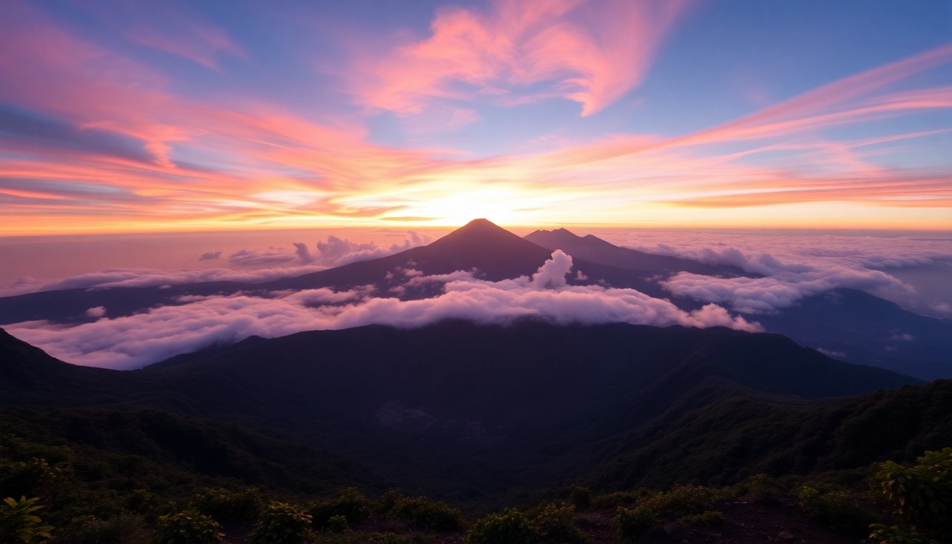 Majestic view of Mt. Rinjani with sunrise illumination highlighting its volcanic crater and surrounding landscape.