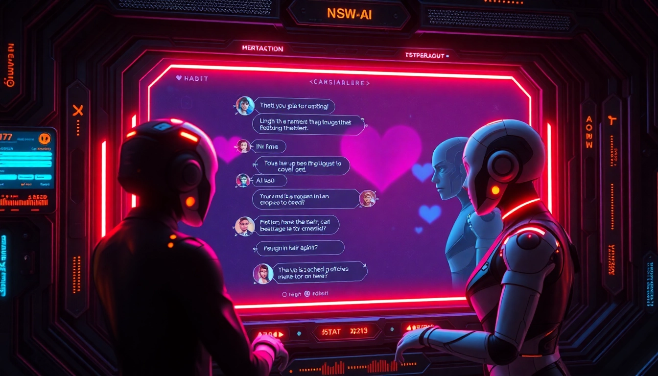 Engaging scene of a nsfw ai chat interface with animated avatars and neon illumination, emphasizing privacy and connection.