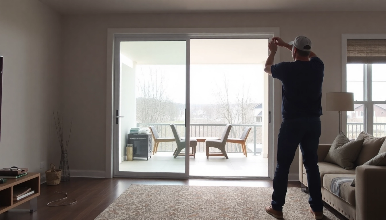 Replace a sliding glass door: contractor demonstrates installation in a sunlit living room.