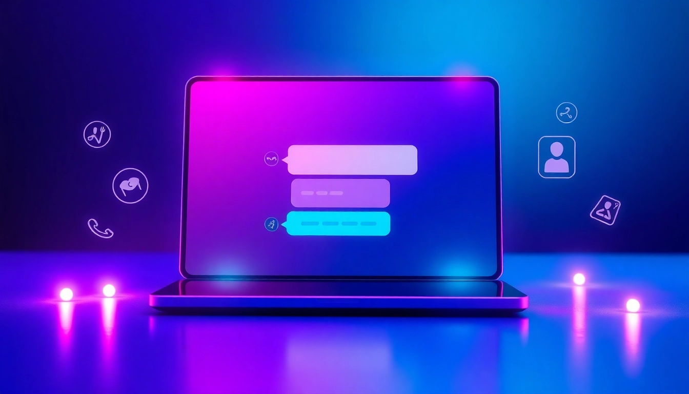Futuristic AI chatbot interface with colorful speech bubbles and digital icons, set against a glowing, high-tech background.