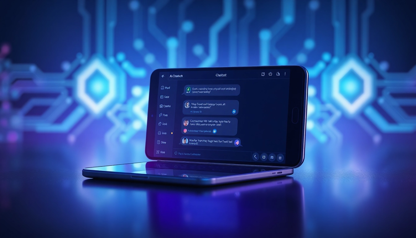 Digital illustration of an AI chatbot interface on a modern device, showcasing advanced features and customizable characters.
