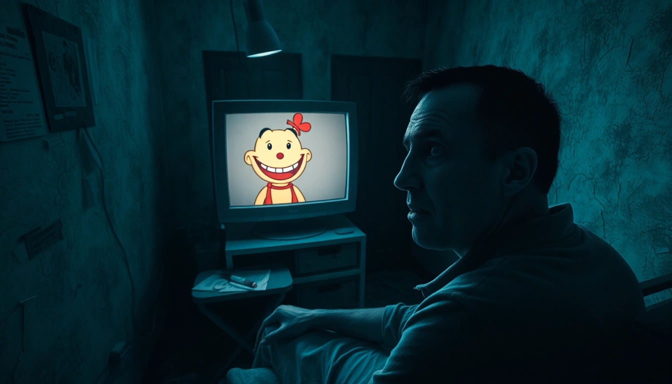 A distressed man facing a computer screen showing a cheerful character, in a dark, deteriorated room with bloodstains and medical items.
