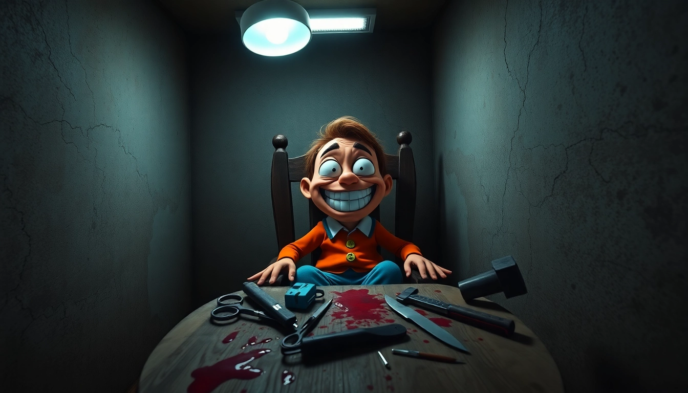 A disturbing scene of Harvey, a cheerful cartoon character, in a dark, decayed room with unsettling tools around him, highlighting the game's moral horror themes.