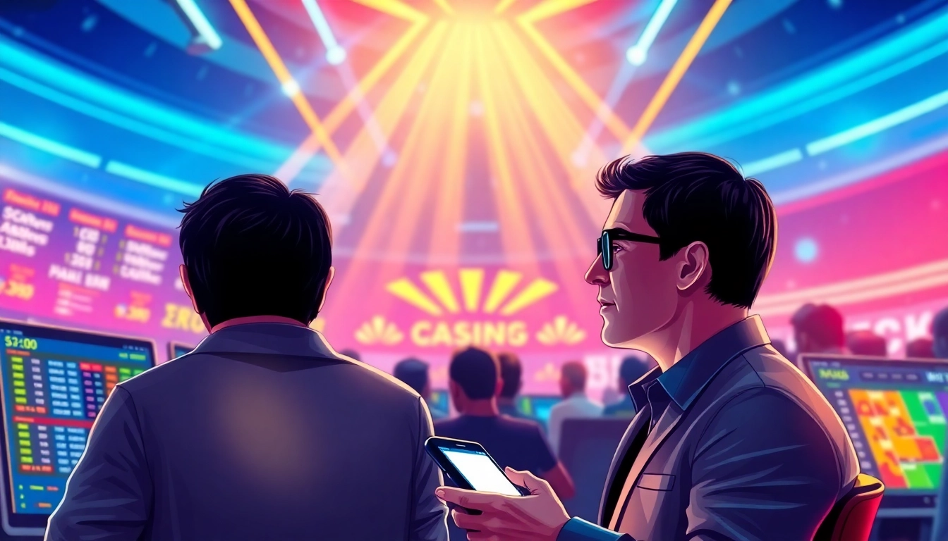 Illustration of a lively online sports betting and casino platform with vibrant neon lights and engaged players.