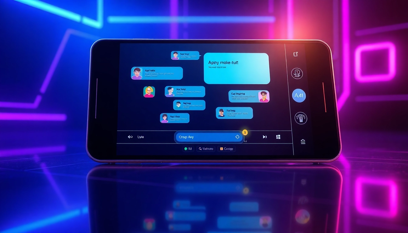 Futuristic digital chat interface on a modern device with vibrant neon colors and holographic effects, representing advanced AI chat features.