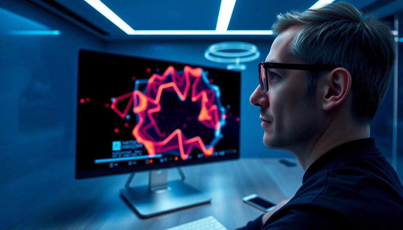 A person analyzing a vibrant AI-generated image on a futuristic computer screen in a modern workspace.
