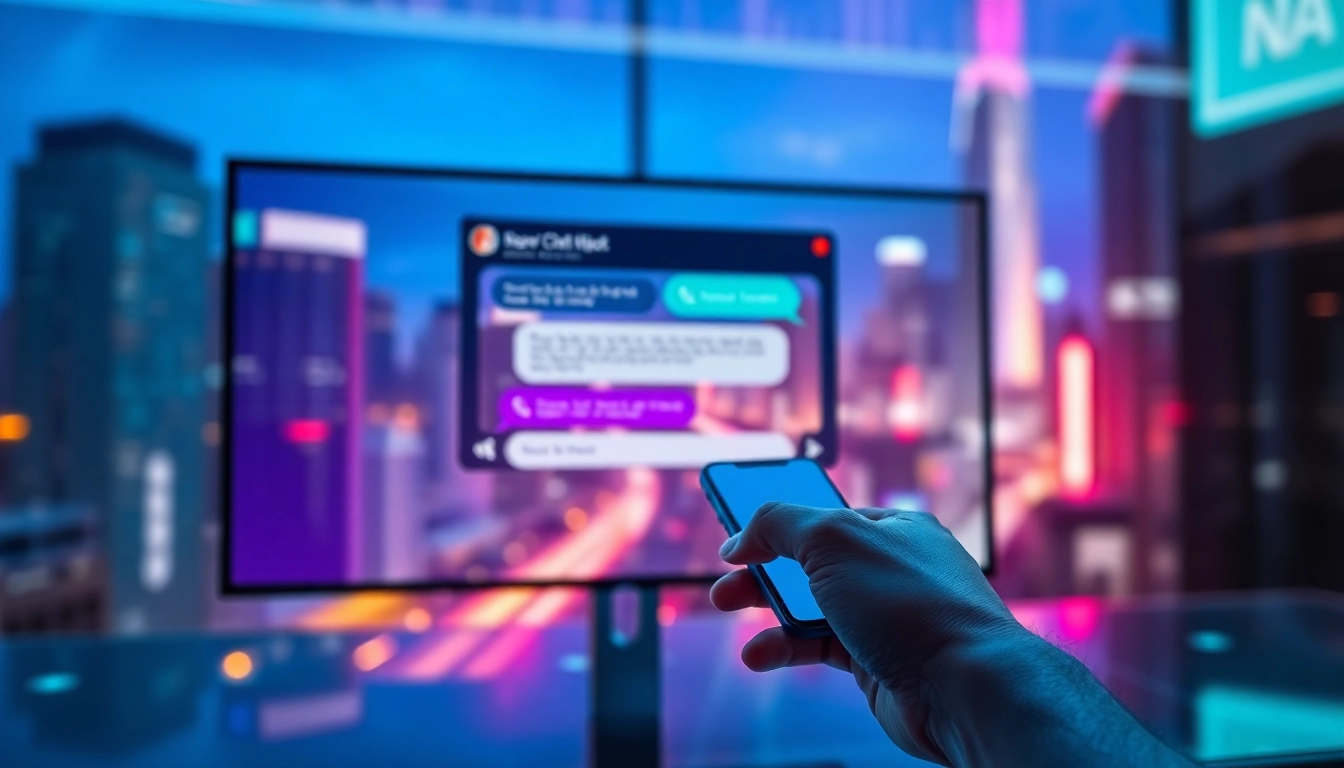 Close-up of a person using a smartphone with a vibrant chat interface on a futuristic city background, emphasizing modern technology and digital communication.