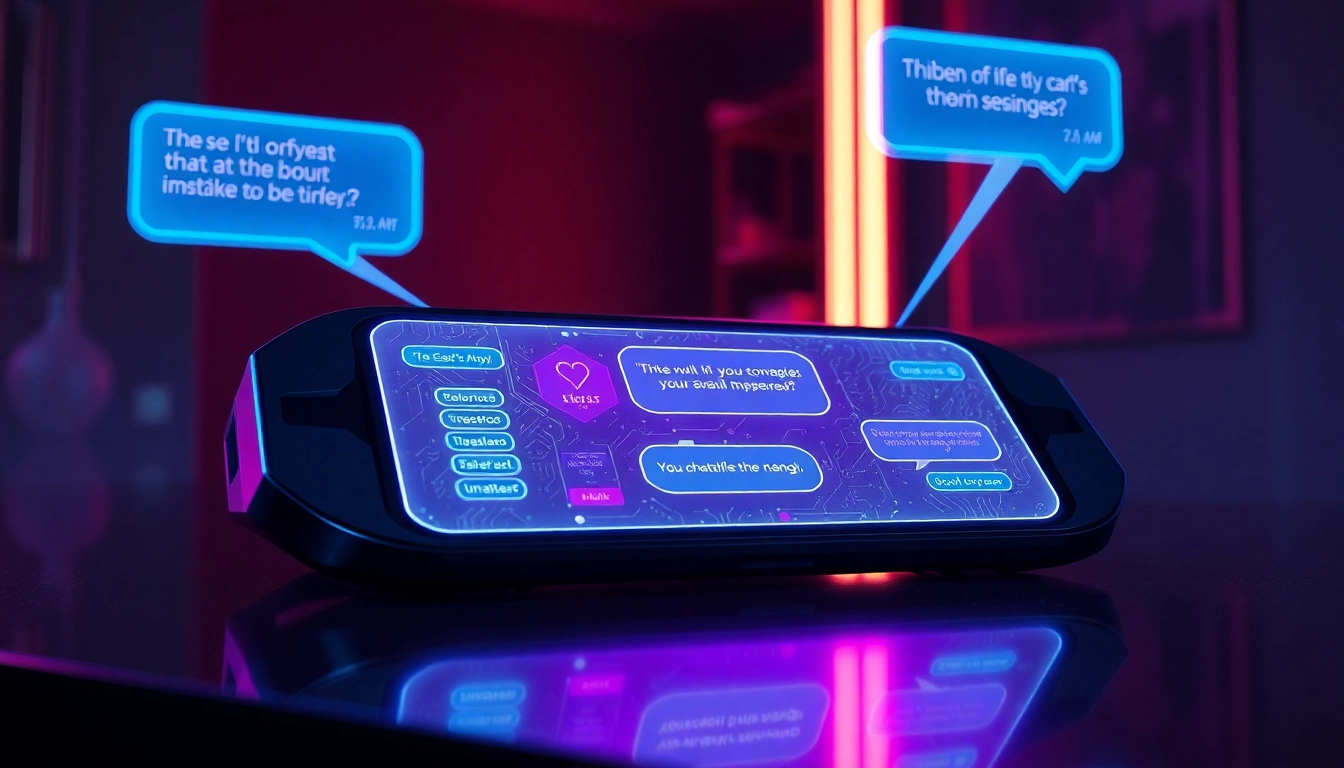 Futuristic AI chatbot interface with holographic chat bubbles in a cyberpunk setting, glowing neon lights, and a sleek device.