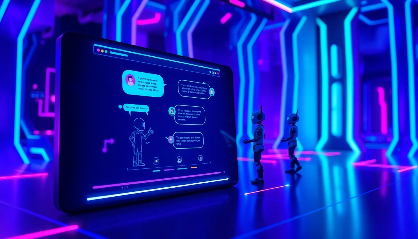 Futuristic AI chatbot interface with digital characters and neon-lit background