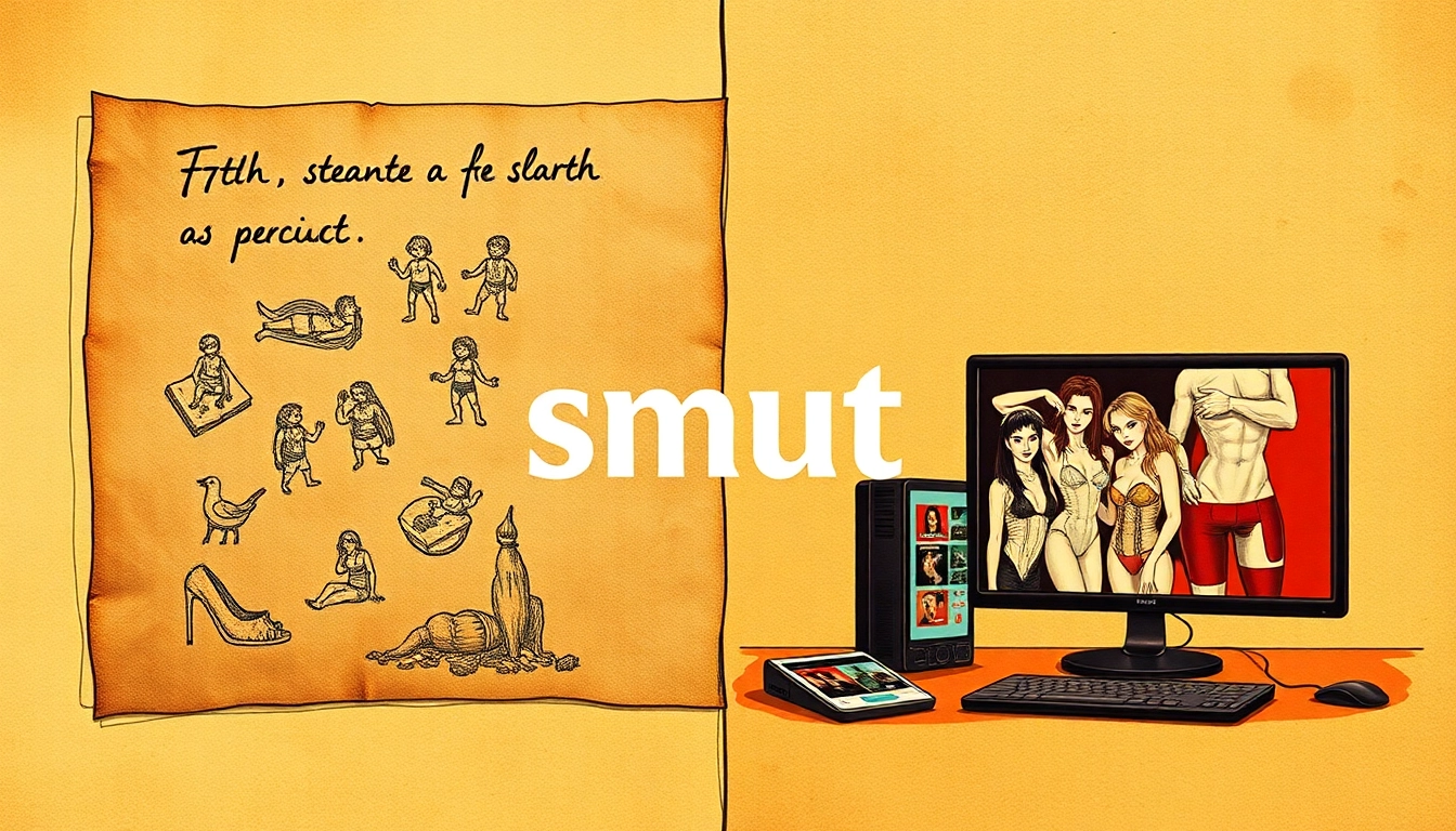Illustration showing the historical evolution of the word "smut" from dirt and stain to explicit media, with a split vintage and modern design.